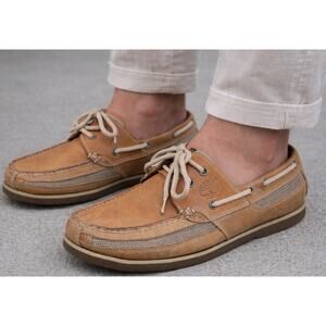 Vintage Timberland Tan Leather Boat Loafers Shoes 2 Eye Slip on Mens 8 Casual